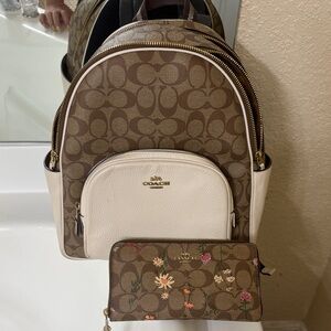 Coach Brown and Cream Floral Backpack and Wallet
